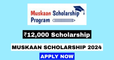 An illustration representing the Muskaan Scholarship Program, highlighting the support for students from economically weaker sections, especially those studying in grades 9 to 12, along with visual elements related to education.